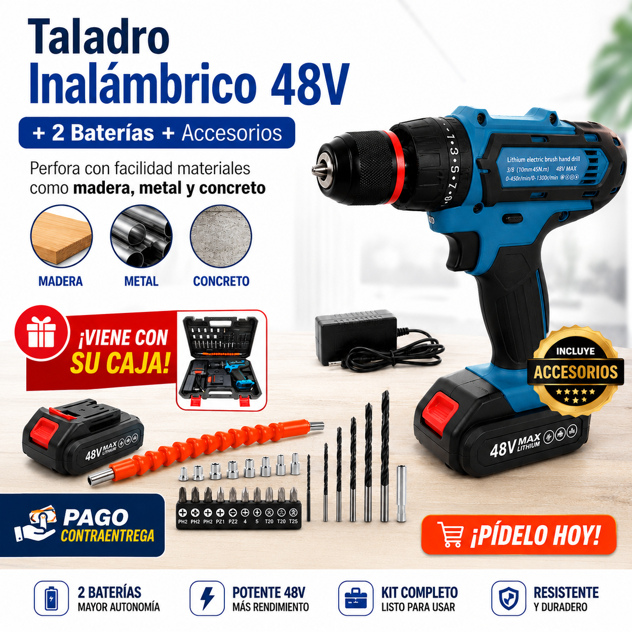 🔧⚡ Taladro Inalámbrico 48V + 2 Baterías 48 V🔋 + Accesorios 🧰 💥¡OFERTA EXCLUSIVA!💥