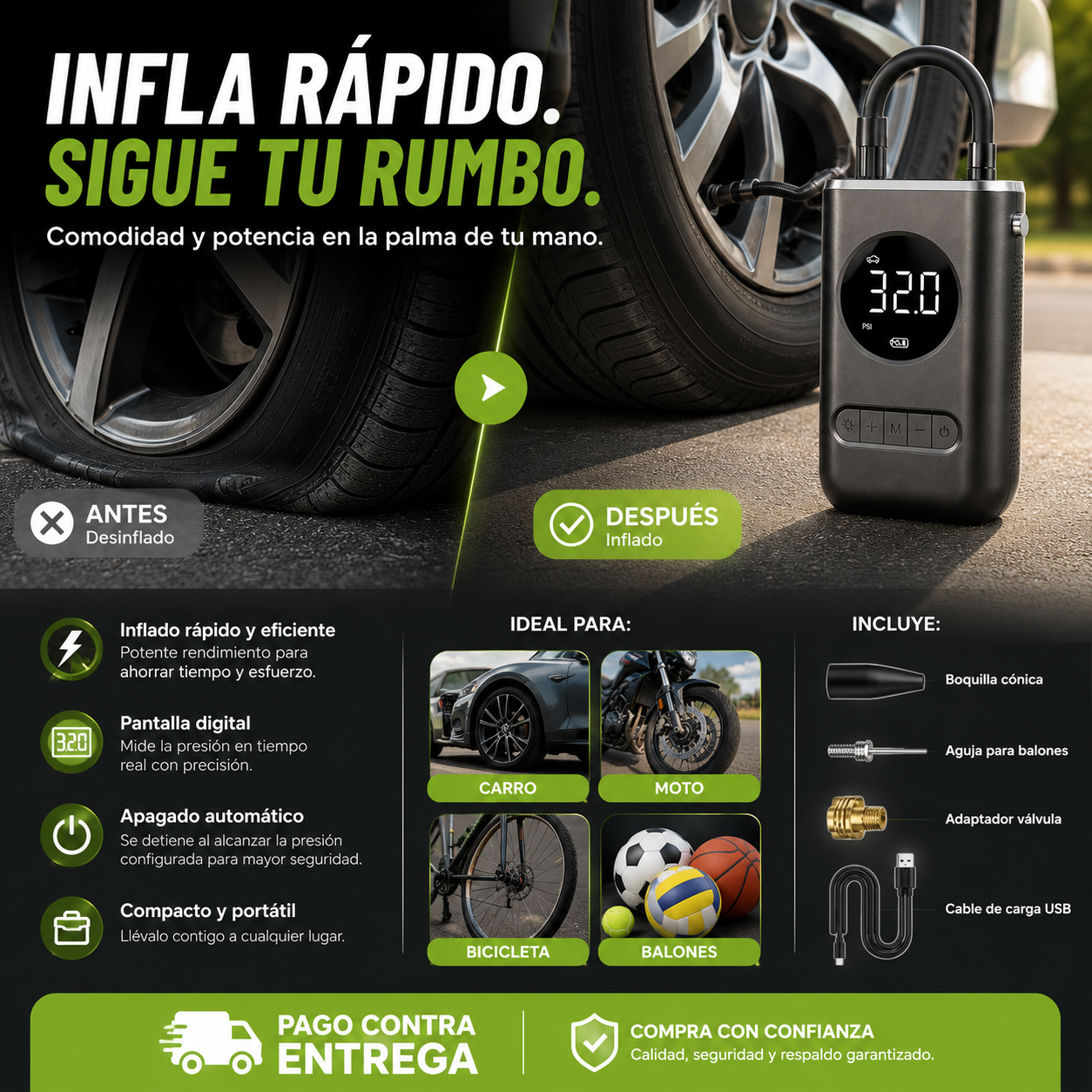 ⚡🛞 Mini Compresor de Aire Eléctrico | Recupera la presión de tus llantas en minutos