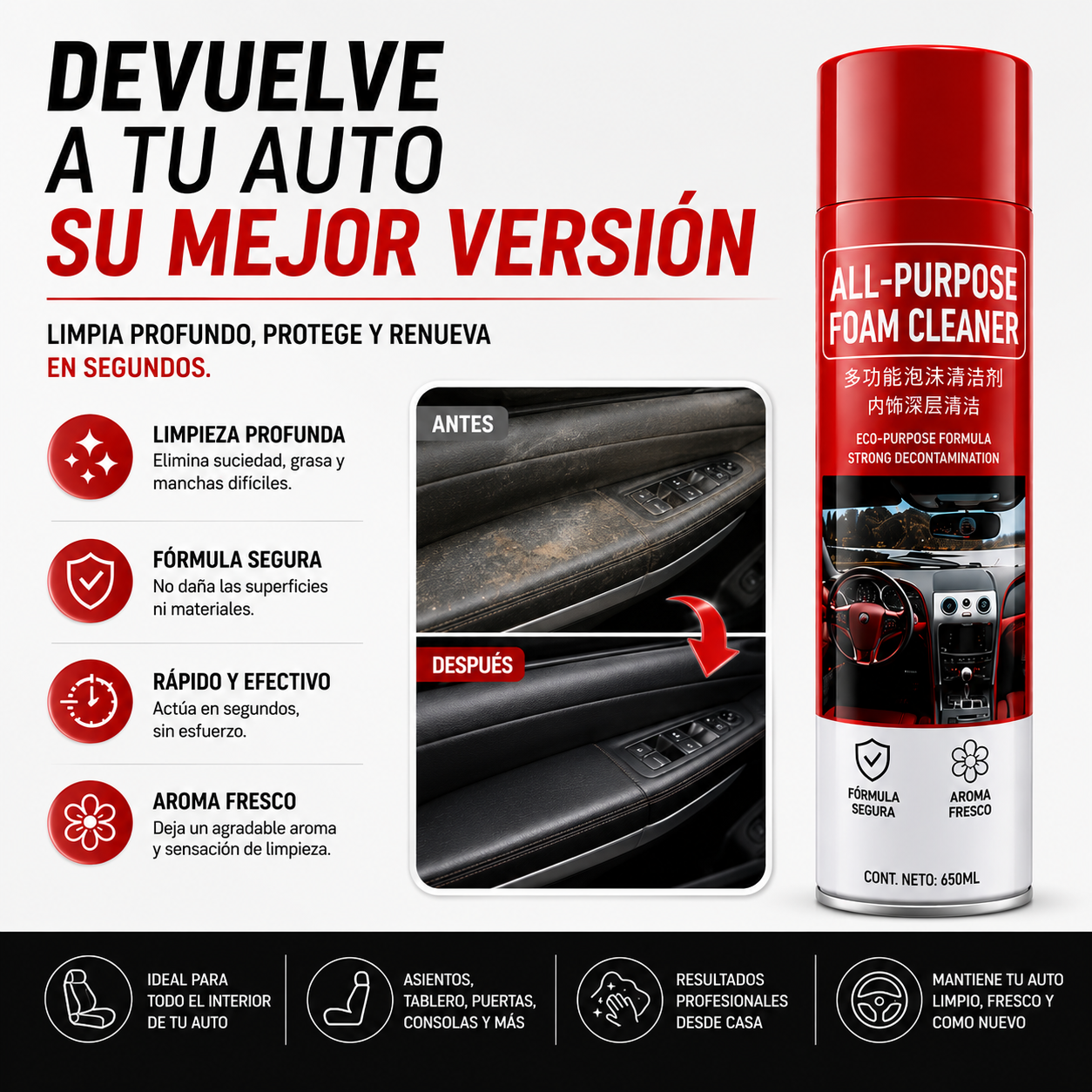 🚗 Espuma Limpiadora Multiusos | Interior Impecable en Minutos