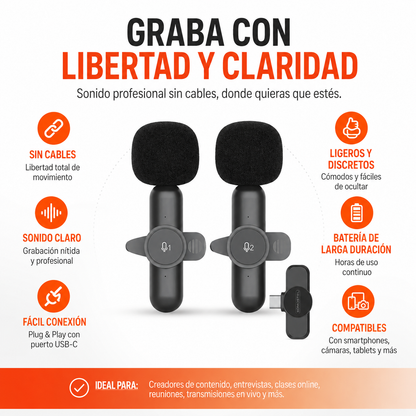 🔥 40%OFF 🔥🎤 Micrófonos de Solapa Inalámbricos USB-C | Audio Profesional en Segundos para tus Videos y Reuniones