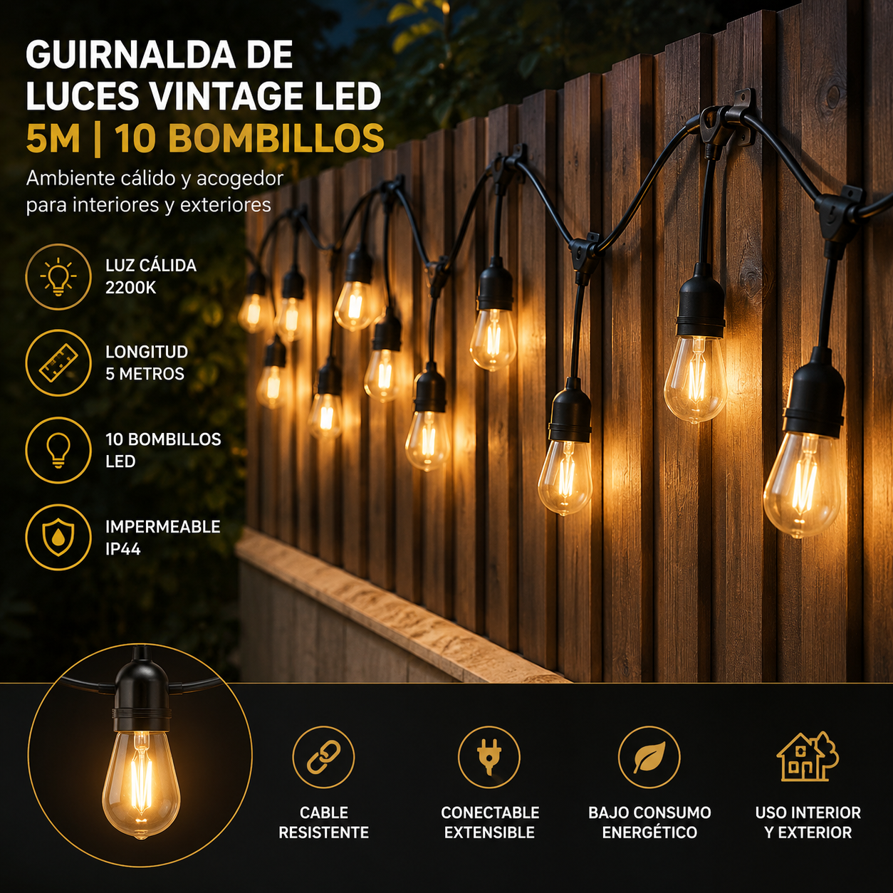 🔥 GUÍRNALDA DE LUCES VINTAGE LED 5M ✨ 10 BOMBILLOS DECORATIVOS PARA INTERIOR Y EXTERIOR 💡🏡